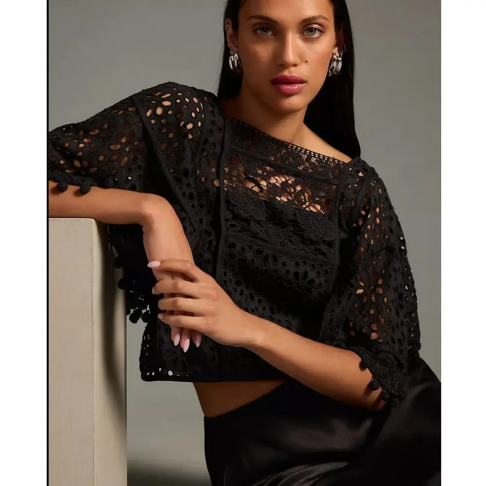 New Anthropologie Victorian Cutwork Black Blouse - Size XL
